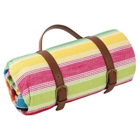 Strandmåtte – til udendørs camping, fugtafvisende, med opbevaringsstropper i læder, 150 x 200 cm, farverige striber