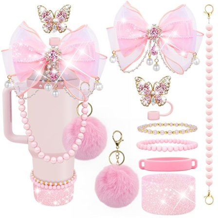 Stanley Cup Nyt Dekorativt Sugerørshætte Kopholder Kopkæde med Sløjfe Pailletvedhæng og Plys Pompon-Vedhæng