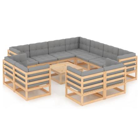 Vidaxl Loungegrupp Med Dynor 12 Delar Massiv Furu Grå