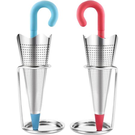 2 stk gjenbrukbare paraply teinfusere med dryppbrett for tekopper, krus og tekanner, rustfritt stål finmasket tesil (rød og blå)