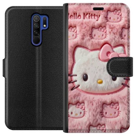 Kompatibelt Lommeboketui til Xiaomi Redmi 9 Hello Kitty rosa fluffy bakgrunn med ikoniskt ansikt og kawaii-estetikk