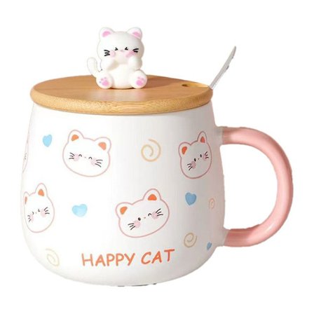 Söt kattmugg med lock, present, 400 ml, keramisk kaffemugg med