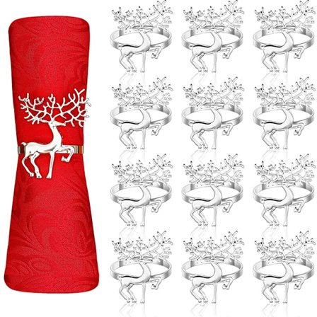 12 stk. Julehjorte Servietringe, 6CM Sølv Elg Servietholder Hjorte Servietspænde til Julefrokost Thanksgiving Fest
