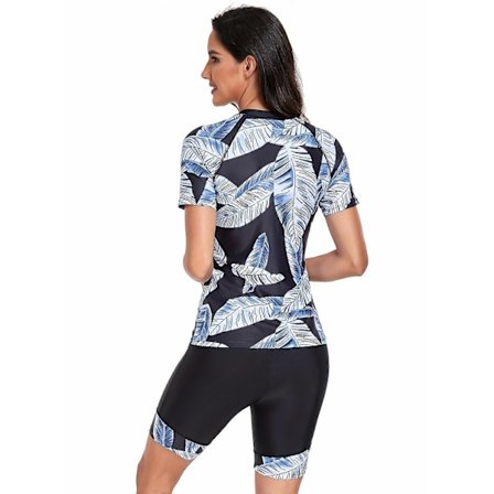 Nye modeller Mote Bladtrykk Damebadedrakt - 2-delt sett med rund hals, korte ermer og halv glidelås - Boksershorts for konkurransesvømming