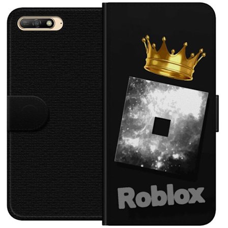 Kompatibel Tegnebogsetui til Huawei Huawei Y6 (2018) Minimalistisk sort og sølvfarvet Roblox-symbol med gylden krone og luksuriøs gamer-æstetik på