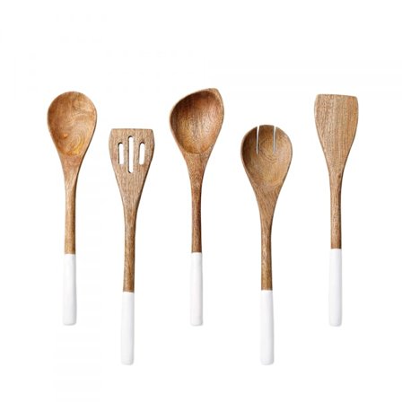 5-delt treverkjøkkenredskapsett, inkludert tresleiv, stekespade, gaffel, hullsleiv og hjørnesleiv - hvit