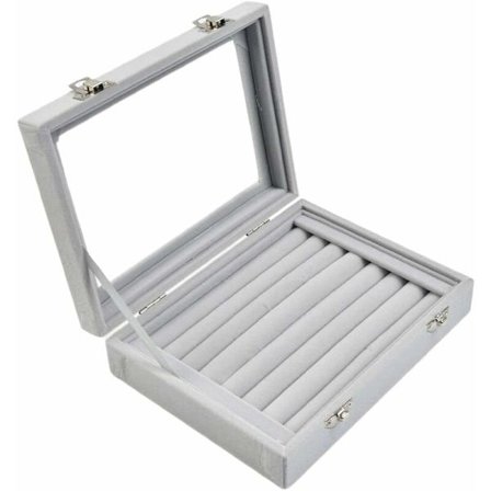 Fløjls smykkeskrin til smykker, opbevaringsdisplay med glaslåg, 7 rum, fløjls ringopbevaringsboks, smykker/øreringe/ring/småting opbevaring