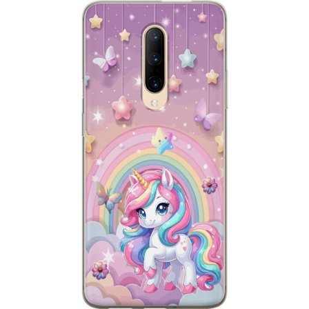 Kompatibelt Mobildeksel til OnePlus 7 Pro Magisk enhjørning med regnbue manke, stjerner og sommerfugler mot en pastellhimmel med skyer