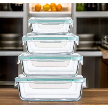 Lufttette oppbevaringsbeholdere i glass, sett med 4 med lokk