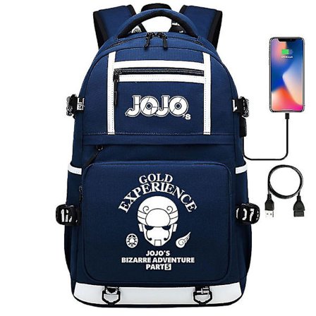 Svart Jojo's Bizarre Adventure USB-port Ryggsekk - Skolebok Studenter Utendørs Skulderveske Cosplay
