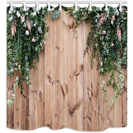 Badeværelses Dekoration, Træhegn med Friske Grønne Forårsblomster og Blade Planter på Træbræt, Vandafvisende Polyesterstof Bruseforhæng, Størrelse: 