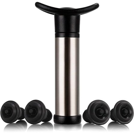 Vakuumpumpe i rustfritt stål for vinbevaring, brukes til å fjerne luft og vakuumvinbevaring, med 4 propper