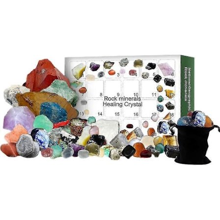 Adventskalender - 24 rutenett med steiner, mineraler, fossiler, helbredende krystaller, edelstensett, 24 dagers nedtellingskalender til jul