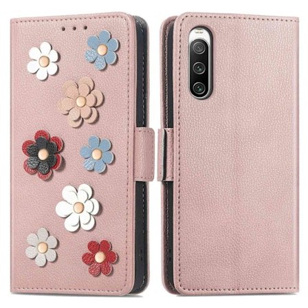 Mjukt läder Sony Xperia 10 IV fodral med blomdekor - Rosa