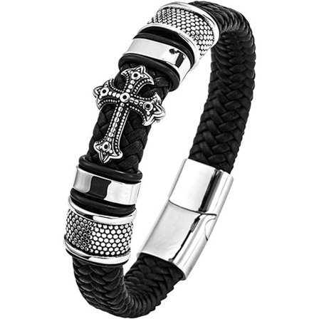 Herrearmbånd med kors, vikingruneelementer og kompaselementer for at give armbåndet et klassisk look