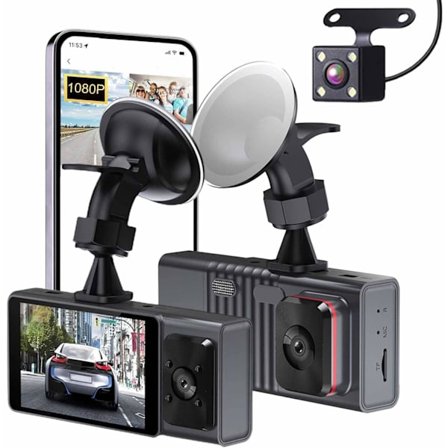 Dashcam - Foran og bak, inne i bilen, 1080P Dashkamera for biler, 3-kanals dashcam med treveis bilkamera med infrarødt nattseende, sløyfeopptak, APP C