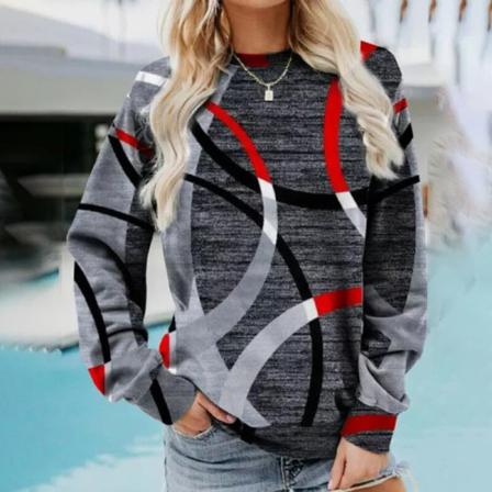 Långärmad Tröja Med Geometriskt Print För Damer Baggy Sweatshirts