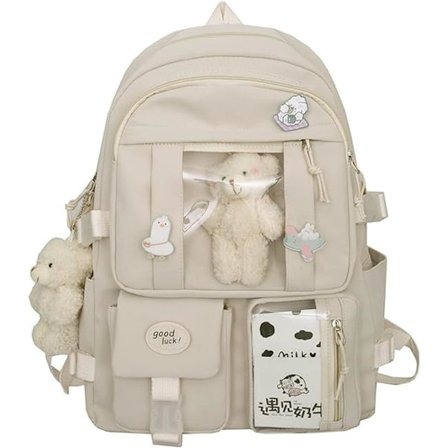 Kawaii Skolerygsæk til Piger Sød Æstetisk Rygsæk Skolerygsæk med Nål og Tilbehør Hvid