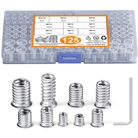 125 stk. Gjengeinnsatser M5, M6, M8, M10, 9 Ulike Typer Gjengeinnsatser, Sekskantmutterinnsatser, Klemmemuttere for Tre Møbler, Ruthex Karbonstål