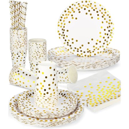 IC Engangs Tallerkener Fødselsdag Engangsservice 125 stk Papirtallerken Dessert Service Sæt Tallerkener og Kop Serviet Strå (Sort)