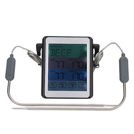 Digitalt dobbelt probe kjøtttermometer med timer og stor fargeskjerm for matlaging og grilling