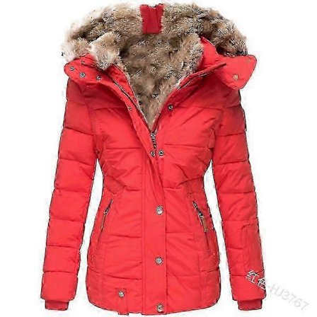 Varm vinterjacka för dam med pälskrage, dragkedja, smal passform, långärmad och huva