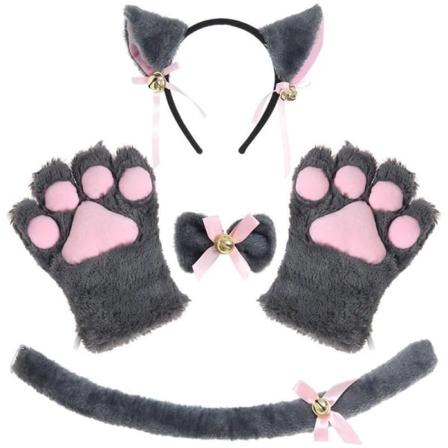 Katt Cosplay Set Grå, Kattöron Huvudband Kattunge Svans Öron Krage Tassar Handskar, Katt Cosplay Kostym Söt Kostym Fest Dekoration Set för Barn 