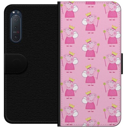 Kompatibelt Lommeboketui til Sony Xperia 5 II Greta Gris og Peppa Pig med dinosaurer og dyr, leken tegnet barnekunst på blå bakgrunn