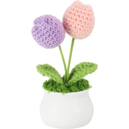 Hæklet Blomster Pottet, Tulipaner Blomster Håndlavet Strikket Mini Pottede Planter Strikning Kunstige Blomster til Bord Dekoration, Pink Lilla