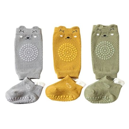 Knäskydd 3 par, halkfria golvstrumpor 3 par, krypa med