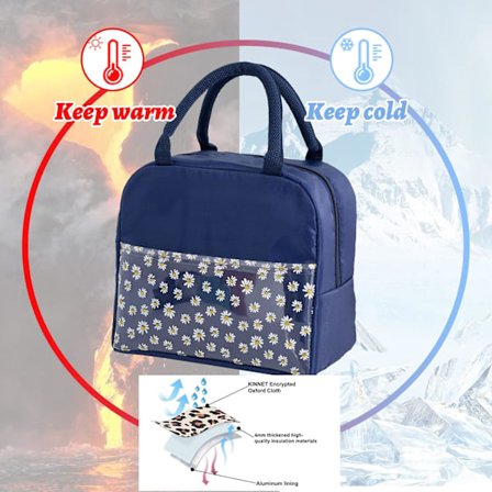 Isolerad Lunchväska för Kvinnor, Bärbar Vattentät Kylväska med Tusensköna Mönster Transparent Fack, Lunchväska