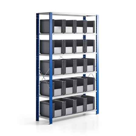 Weitspannregal FRASER + MIX mit 20 Kunststoffboxen, 2100 x 1365 x 400 mm