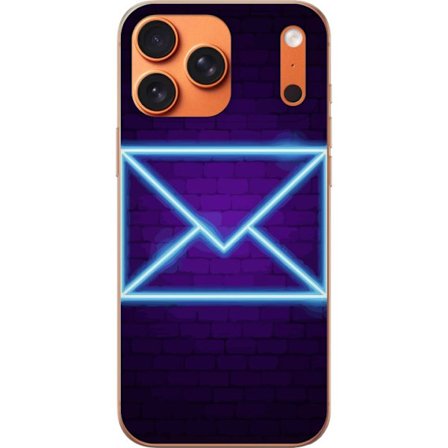 Kompatibelt Mobilskal till Apple Apple iPhone 17 Pro Max Neonillustration av kuvert i blått ljus mot lila tegelvägg, modern symbol för meddelanden