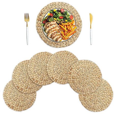 6 st naturliga handvävda vattenhyacint-underlägg och bordslöpare, flätade halmbordsdekormattor, för matbord, soffbord