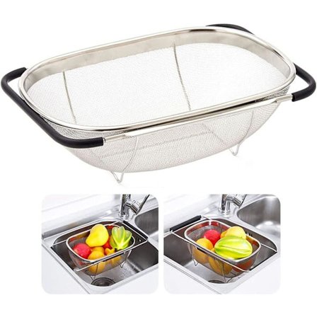 Oval sil i rostfritt stål över diskho med expanderbart gummigrepp, finmaskigt durkslag, kök 6 kvarts durkslag