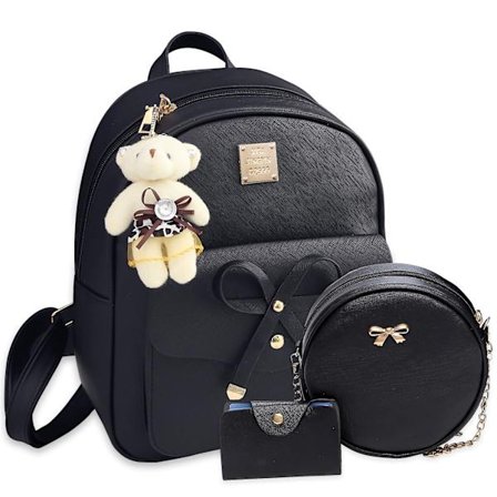 Mini Ryggsäck med Rosett i Läder, 3-Delar Liten Ryggsäck Handväska för Kvinnor - Svart