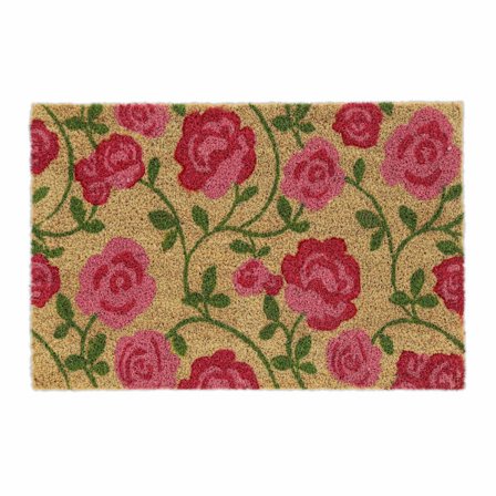 Kookoskuidusta valmistettu ovimatto kauniilla ruusuilla