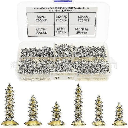 1200 Assortment Små Stål Flat Head Treskruer 5mm 6mm 7mm 8mm 10mm Gull Små Treskruer Med Organisert Boks (FMY)