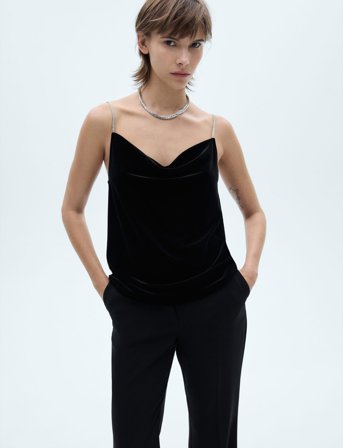 Mango Velvet Top With Rhinestone Straps - Black - XS