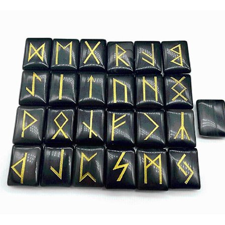 25 stk. svart obsidian rune steiner sett med gravert elder futhark alfabet krystall meditasjon spådom kunst hekseri