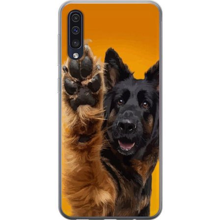 Kompatibelt Mobilskal till Samsung Samsung Galaxy A50 Glad hund vinkar med tassen charmigt djurporträtt på gul bakgrund perfekt för hundälskare