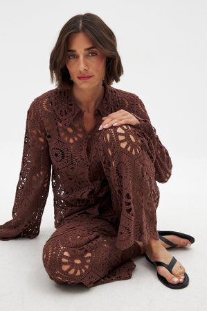 NA-KD - Strikket topp med hekling og lange ermer - Sommersett - Brun - XS