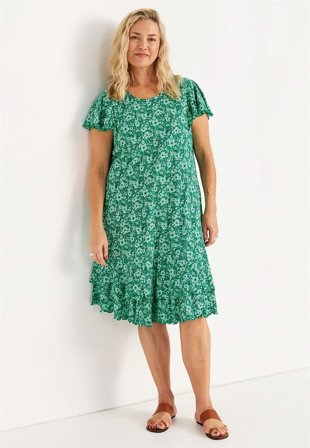 Cellbes of Sweden - Jersey-kjole med volanger i grønn/mønstret for damer i størrelse 62/64
