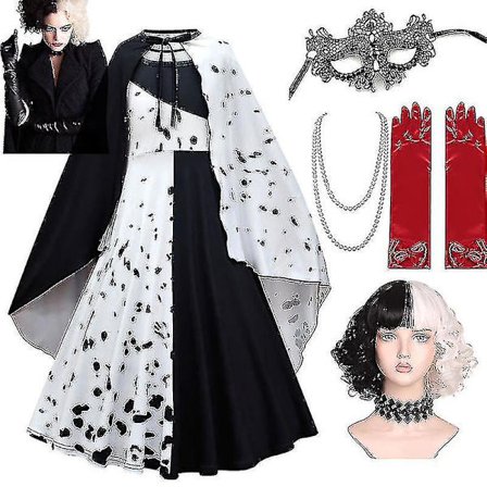 Halloween Barnkläder för Barn Cruella Klänningar Flickor Cosplay Kostym Svart Vit Lång Klänning Med Kappa för Karnevalfest
