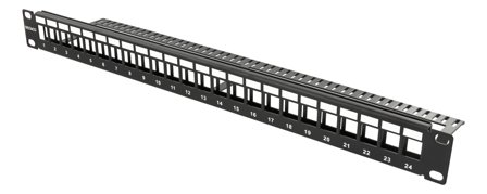 Deltaco TP patch panel, 24 ports, without connectors, 1U, black