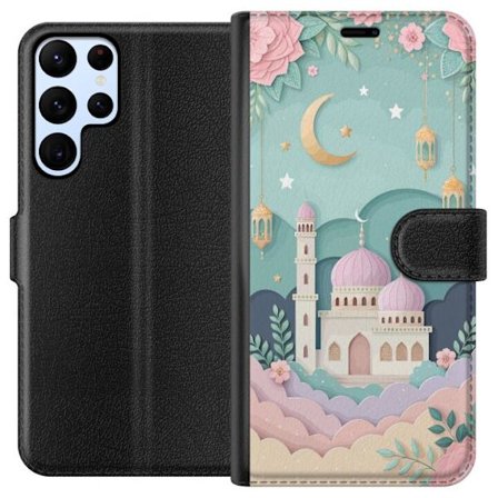 Kompatibel Tegnebogsetui til Samsung Galaxy S22 Ultra 5G Håndtegnet rejseinspireret mønster med verdenskort, fly, hjerter og vintage eventyrstema