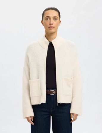 Selected Slfsia Ras Ls Knit Zipper Cardigan Noos - Cream - L