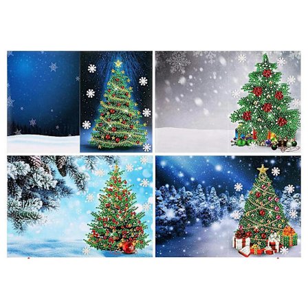 4 stk 5D Julekort DIY Håndlagde Diamantmaleri Kit Juletre Gratulasjonskort med Konvolutter for Julehilsener