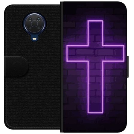 Yhteensopiva Lompakkokotelo Nokia Nokia G20 Neonristi purppuranvalossa tummaa tiiliseinää vasten, symbolinen motiivi vahvalla hohto moderni esteetti