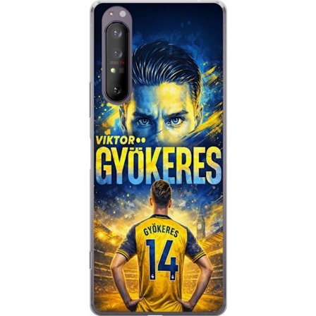 Kompatibel Mobilcover til Sony Sony Xperia 1 II Viktor Gyökeres fodboldplakat i gul og blå farve med dramatisk stadionbaggrund, sportsillustration f